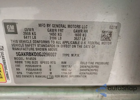 2016 Buick Enclave Leather z USA, uszkodzony, nr VIN 5GAKRBKD0GJ296007